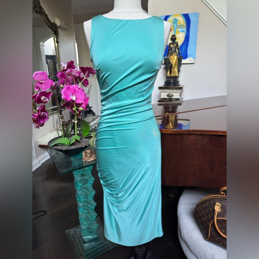 NWT Maria Bianca Nero Aqua Sleeveless Midi Maxi Shirred Bodycon Dress